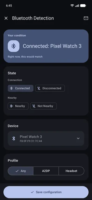Bluetooth Detection showing a connected device