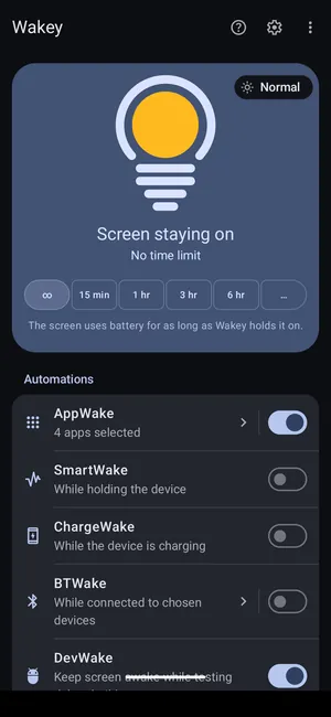Wakey keeping the screen on with no time limit